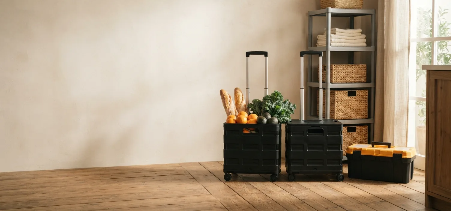 Felton foldable shopping trolleys, a storage rack and a tool box in a home