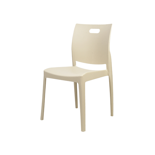 A sleek beige plastic chair with a comfortable seat and backrest, perfect for modern interiors.