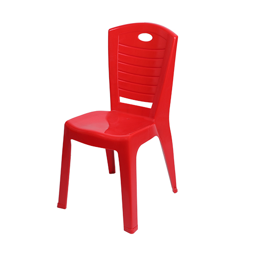 A red plastic chair with a seat and back, providing a comfortable and durable seating option.