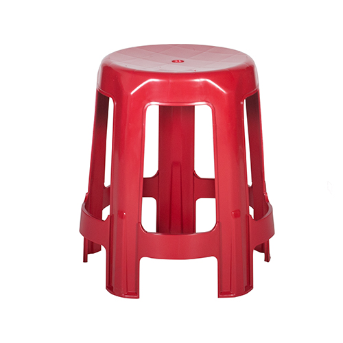 A red plastic stool with a seat, providing a sturdy and vibrant seating option.
