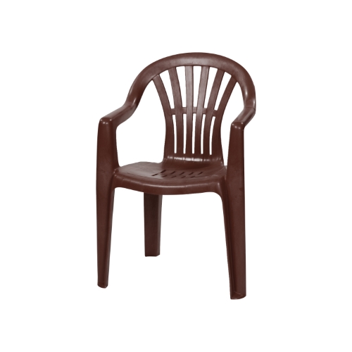 a brown plastic chair with armrests