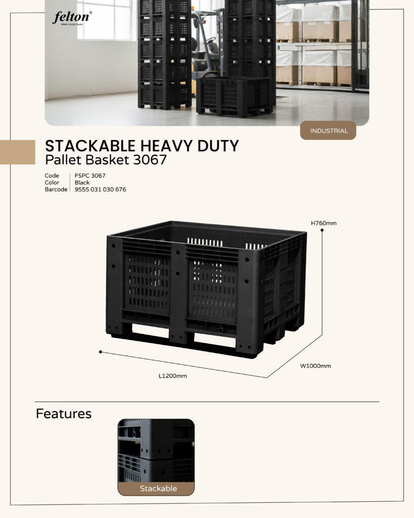 Stackable Heavy Duty Pallet Basket 3067 https://felton.com.my/product/stackable-heavy-duty-pallet-basket-3067/ Felton Malaysia